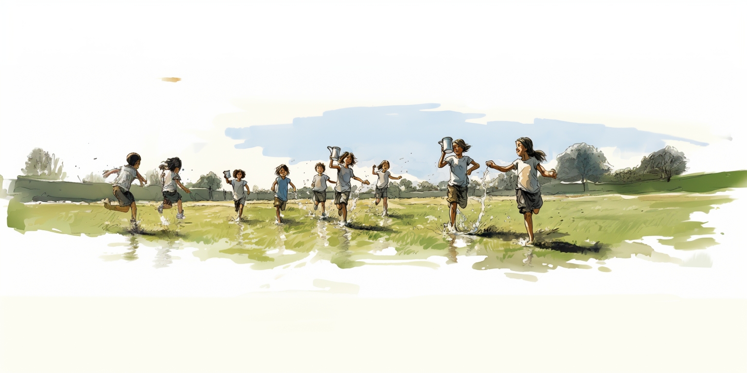 children running in a field carrying water for the clean water cause